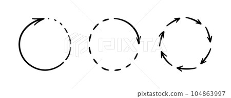 Round doodle arrows. Hand drawn circle arrow icons set. Recycle sketch signs. Repeat graphic line symbols. Vector doodle illustration isolated on white background Round doodle arrows. Hand drawn circle arrow icons set. Recycle sketch signs. Repeat graphic line symbols. Vector doodle illustration isolated on white background 104863997