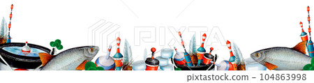 Watercolor drawing banner from various fishing bobblers, fish, buckets, clover leaves, fishing nets, fishing line, bait cans on white background. Angling gear to logo, card, paper, wallpaper, stickers Watercolor drawing banner from various fishing bobblers, fish, buckets, clover leaves, fishing nets, fishing line, bait cans on white background. Angling gear to logo, card, paper, wallpaper, stickers 104863998