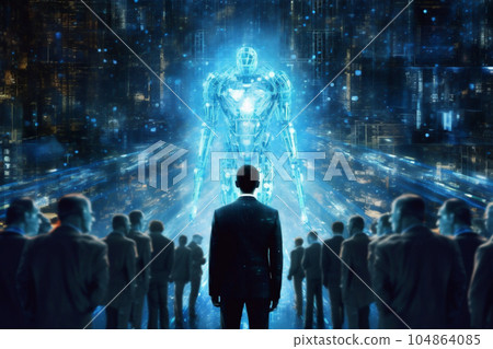 Men project office managers, working at evening in crystals lights office. Modern earth in a web of satellites. High quality illustration. Generative AI. 104864085