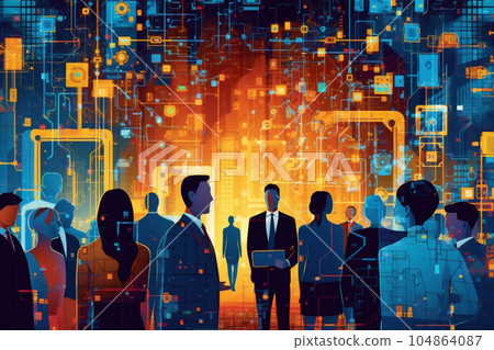 Men project office managers, working at evening in crystals lights office. Modern earth in a web of satellites. High quality illustration. Generative AI. 104864087