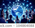 Men project office managers, working at evening in crystals lights office. Modern earth in a web of satellites. High quality illustration. Generative AI. 104864088