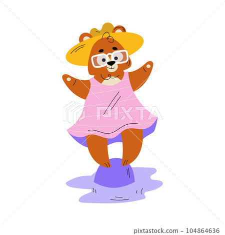 Cute Bear Tourist in Hat and Dress Standing on Sea Pebble Having Summer Resort Vacation Vector Illustration 104864636