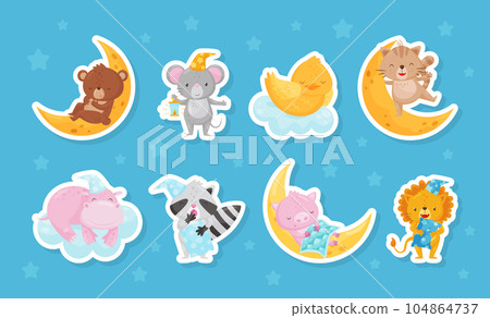 Cute Animals Sleeping on Soft Cloud and with Pillow Having Bedtime Vector Sticker Set 104864737