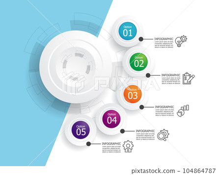 horizontal round circle steps timeline infographic element report background with business line icon 5 steps horizontal round circle steps timeline infographic element report background with business line icon 5 steps 104864787