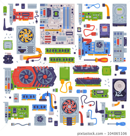 Personal Computer Accessories and Components for Repair Vector Set 104865106