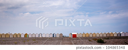 Colorful beach huts in Cayeux, Normandy, France Colorful beach huts in Cayeux, Normandy, France 104865348