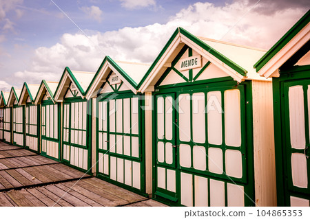 Colorful beach huts in Cayeux, Normandy, France Colorful beach huts in Cayeux, Normandy, France 104865353