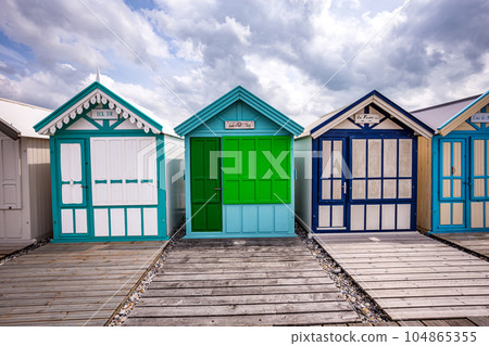 Colorful beach huts in Cayeux, Normandy, France 104865355