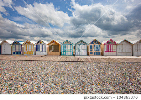 Colorful beach huts in Cayeux, Normandy, France 104865370