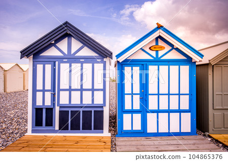 Colorful beach huts in Cayeux, Normandy, France Colorful beach huts in Cayeux, Normandy, France 104865376