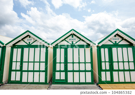 Colorful beach huts in Cayeux, Normandy, France Colorful beach huts in Cayeux, Normandy, France 104865382
