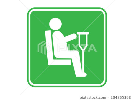優先座位標記 3D 插圖，顯示綠色輪廓，拄著拐杖坐在優先座位上，面向右側 104865398