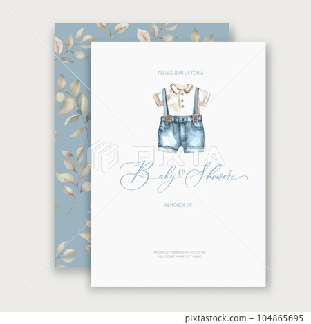 Cute baby shower watercolor invitation card for baby and kids new born celebration with baby clothes. 104865695
