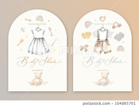 Cute baby shower watercolor invitation card for baby and kids new born celebration with baby dress and toys. 104865701