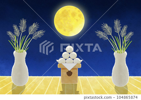Background illustration of Japanese culture "15th night" full moon, moon dumplings and pampas grass Background illustration of Japanese culture "15th night" full moon, moon dumplings and pampas grass 104865874