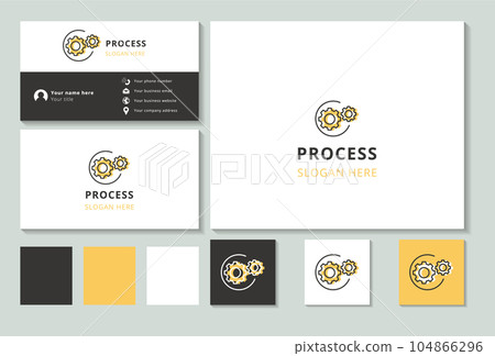 Process logo design with editable slogan. Branding book and business card template. 104866296