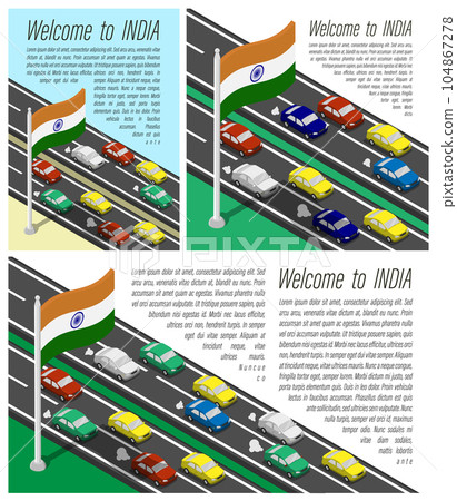 Isometric flag of Indian on flagpole fluttering in wind. Crossing of India country border by car travels. Set of information horizontal, square and vertical vector banner, templates for printing 104867278