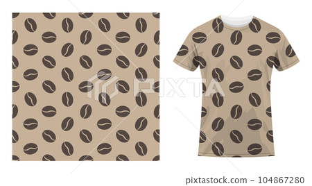 Short sleeved cotton sports t shirt decorated Grain of coffee bean plant seamless pattern. Morning drink for great mood. Comfortable summer clothes. Vector ornament for design of textile and fabric 104867280