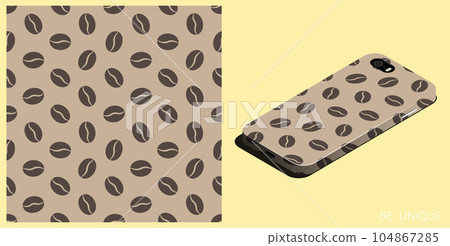 Modern smartphone in unique case decorated Grain of coffee bean plant seamless pattern. Morning drink for great mood. Isometric top view. Vector ornament for design of posters and accessory 104867285