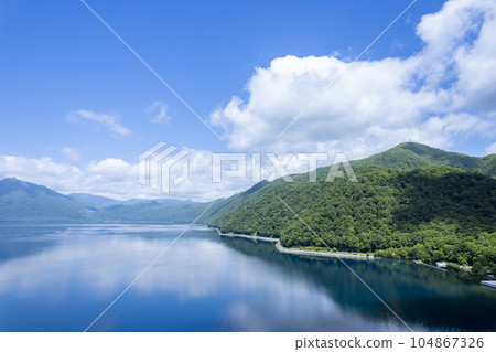 Aerial view of Lake Shikotsu in summer (reflection) Aerial view of Lake Shikotsu in summer (reflection) 104867326