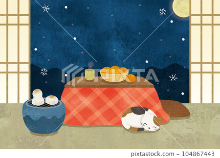 貓水彩畫側身睡在日式被爐裡,有雪 貓水彩畫側身睡在日式被爐裡,有雪 104867443