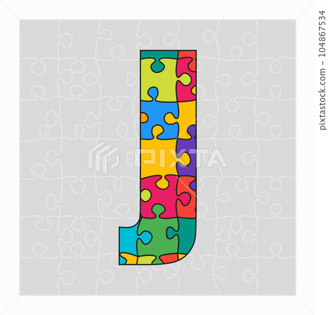 Colorful puzzle letter - J. Jigsaw creative font 104867534