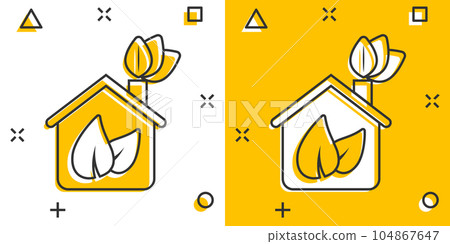 House with leaf icon in comic style. Flower garden cartoon vector illustration on white isolated background. Ecology splash effect sign business concept. House with leaf icon in comic style. Flower garden cartoon vector illustration on white isolated background. Ecology splash effect sign business concept. 104867647