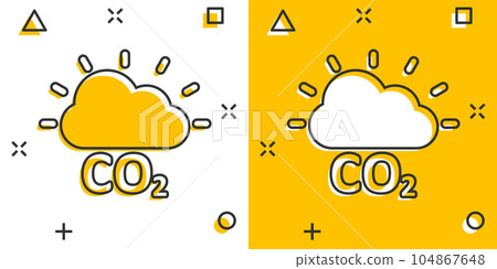 Co2 emission icon in comic style. Cloud disaster cartoon vector illustration on white isolated background. Environment splash effect sign business concept. Co2 emission icon in comic style. Cloud disaster cartoon vector illustration on white isolated background. Environment splash effect sign business concept. 104867648