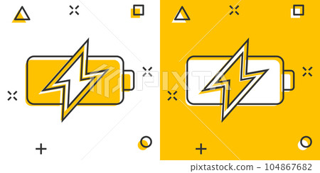 Battery icon in comic style. Accumulator cartoon vector illustration on white isolated background. Energy charger splash effect business concept. Battery icon in comic style. Accumulator cartoon vector illustration on white isolated background. Energy charger splash effect business concept. 104867682