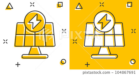 Solar panel icon in comic style. Ecology energy cartoon vector illustration on white isolated background. Electrician splash effect sign business concept. 104867691