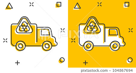 Garbage truck icon in comic style. Recycle cartoon vector illustration on white isolated background. Trash car splash effect sign business concept. Garbage truck icon in comic style. Recycle cartoon vector illustration on white isolated background. Trash car splash effect sign business concept. 104867694