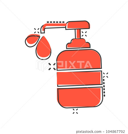 Hand sanitizer icon in comic style. Antiseptic bottle cartoon vector illustration on isolated background. Disinfect gel splash effect sign business concept. 104867702
