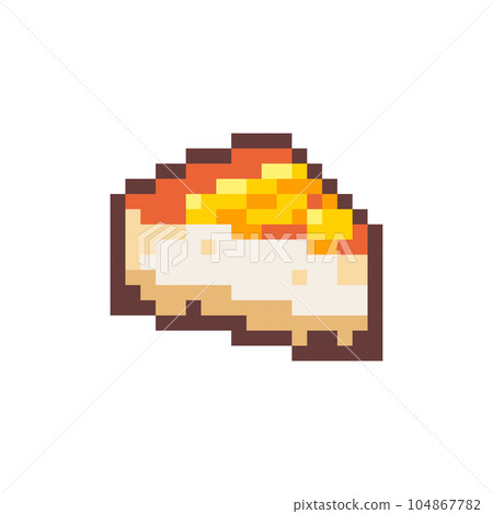 Pixel Art Cheesecake. Retro 8 bit Style Sweet Dessert Cheese Cake Illustration. Ideal for Sticker, Retro Decorative Element, Game Asset, Emoji, or Cute Geek Avatar. Pixel Art Cheesecake. Retro 8 bit Style Sweet Dessert Cheese Cake Illustration. Ideal for Sticker, Retro Decorative Element, Game Asset, Emoji, or Cute Geek Avatar. 104867782