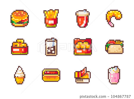 Pixel Art Fast Food Vector Set. Burger, Fries, Soda, Lemonade, Shrimp, Fried Squid, Croquettes, Nuggets, Burrito, Ice Cream, Hot Dog, Sauce, Ketchup, Milkshake. 8 bit Retro Style Food Icons. Pixel Art Fast Food Vector Set. Burger, Fries, Soda, Lemonade, Shrimp, Fried Squid, Croquettes, Nuggets, Burrito, Ice Cream, Hot Dog, Sauce, Ketchup, Milkshake. 8 bit Retro Style Food Icons. 104867787