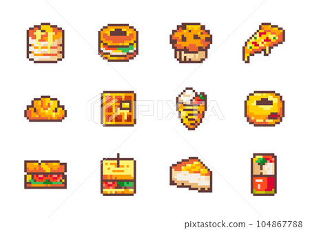 Pixel Art Fast Food Icon Set. Pizza Slice, Pancakes, Belgian Waffles, Dessert, Ice Cream, Donut, Cupcake, Sandwich, Snacks, Cheesecake, Roll. 8 bit Retro Style Fast Food Pixels. Pixel Art Fast Food Icon Set. Pizza Slice, Pancakes, Belgian Waffles, Dessert, Ice Cream, Donut, Cupcake, Sandwich, Snacks, Cheesecake, Roll. 8 bit Retro Style Fast Food Pixels. 104867788