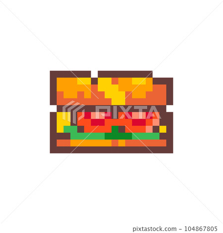Pixel Art Sandwich. Retro 8 bit Style Fast Food Sandwich Baguette Illustration. Ideal for Sticker, Retro Decorative Element, Game Asset, Emoji, or Cute Geek Avatar. Pixel Art Sandwich. Retro 8 bit Style Fast Food Sandwich Baguette Illustration. Ideal for Sticker, Retro Decorative Element, Game Asset, Emoji, or Cute Geek Avatar. 104867805