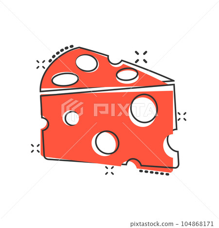 Cheese slice icon in comic style. Milk food cartoon vector illustration on isolated background. Breakfast splash effect sign business concept. Cheese slice icon in comic style. Milk food cartoon vector illustration on isolated background. Breakfast splash effect sign business concept. 104868171
