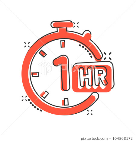 1 hour clock icon in comic style. Timer countdown cartoon vector illustration on isolated background. Time measure splash effect sign business concept. 104868172