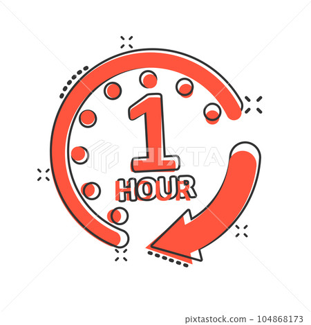 1 hour clock icon in comic style. Timer countdown cartoon vector illustration on isolated background. Time measure splash effect sign business concept. 1 hour clock icon in comic style. Timer countdown cartoon vector illustration on isolated background. Time measure splash effect sign business concept. 104868173