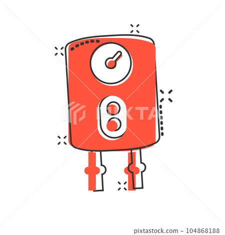 Gas boiler icon in comic style. Heater cartoon vector illustration on isolated background. Boiling splash effect sign business concept. 104868188