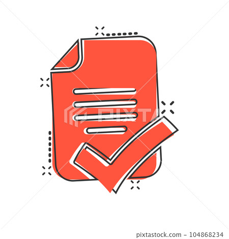 Document checklist icon in comic style. Report cartoon vector illustration on white isolated background. Paper sheet splash effect business concept. Document checklist icon in comic style. Report cartoon vector illustration on white isolated background. Paper sheet splash effect business concept. 104868234