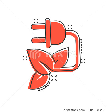 Eco energy icon in comic style. Leaf plug cartoon vector illustration on white isolated background. Electrician splash effect sign business concept. Eco energy icon in comic style. Leaf plug cartoon vector illustration on white isolated background. Electrician splash effect sign business concept. 104868355
