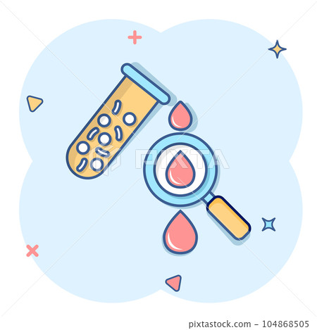 Blood test tube icon in comic style. Hematology cartoon vector illustration on isolated background. Laboratory flask splash effect sign business concept. Blood test tube icon in comic style. Hematology cartoon vector illustration on isolated background. Laboratory flask splash effect sign business concept. 104868505