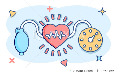 Arterial blood pressure icon in comic style. Heartbeat monitor cartoon vector illustration on isolated background. Pulse diagnosis splash effect sign business concept. 104868566