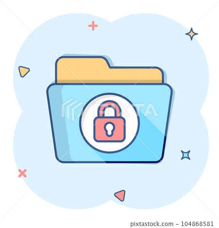 Files folder permission icon in comic style. Document access cartoon vector illustration on isolated background. Secret archive splash effect sign business concept. Files folder permission icon in comic style. Document access cartoon vector illustration on isolated background. Secret archive splash effect sign business concept. 104868581