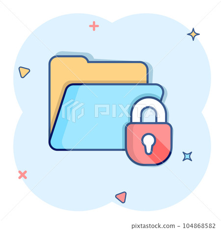 Files folder permission icon in comic style. Document access cartoon vector illustration on isolated background. Secret archive splash effect sign business concept. Files folder permission icon in comic style. Document access cartoon vector illustration on isolated background. Secret archive splash effect sign business concept. 104868582