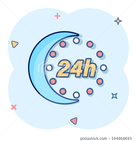 24 hours clock icon in comic style. Timer countdown cartoon vector illustration on isolated background. Time measure splash effect sign business concept. 24 hours clock icon in comic style. Timer countdown cartoon vector illustration on isolated background. Time measure splash effect sign business concept. 104868693