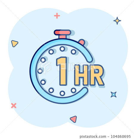 1 hour clock icon in comic style. Timer countdown cartoon vector illustration on isolated background. Time measure splash effect sign business concept. 1 hour clock icon in comic style. Timer countdown cartoon vector illustration on isolated background. Time measure splash effect sign business concept. 104868695