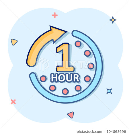 1 hour clock icon in comic style. Timer countdown cartoon vector illustration on isolated background. Time measure splash effect sign business concept. 1 hour clock icon in comic style. Timer countdown cartoon vector illustration on isolated background. Time measure splash effect sign business concept. 104868696