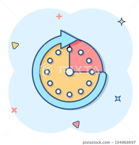 Clock icon in comic style. All day business and service cartoon vector illustration on isolated background. Quick service time splash effect sign business concept. 104868697